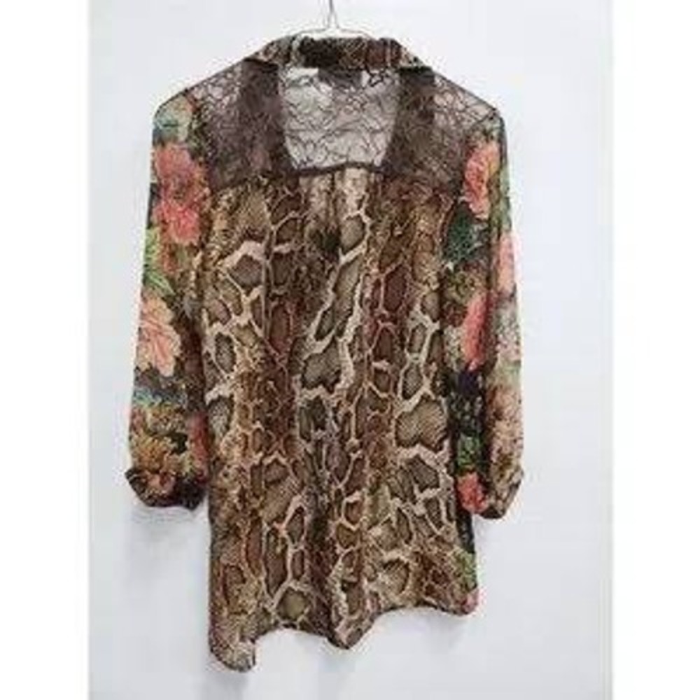 VTG Y2K Dressbarn BOHO Blouse Womens S Brown Floral Snakeskin Lace Trim Chiffon - Picture 8 of 9